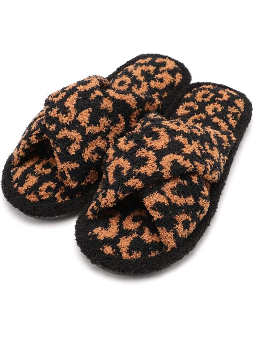 Women's Leopard Animal Print Comfort Fluffy Cross Band Open Toe Slipper Shoes